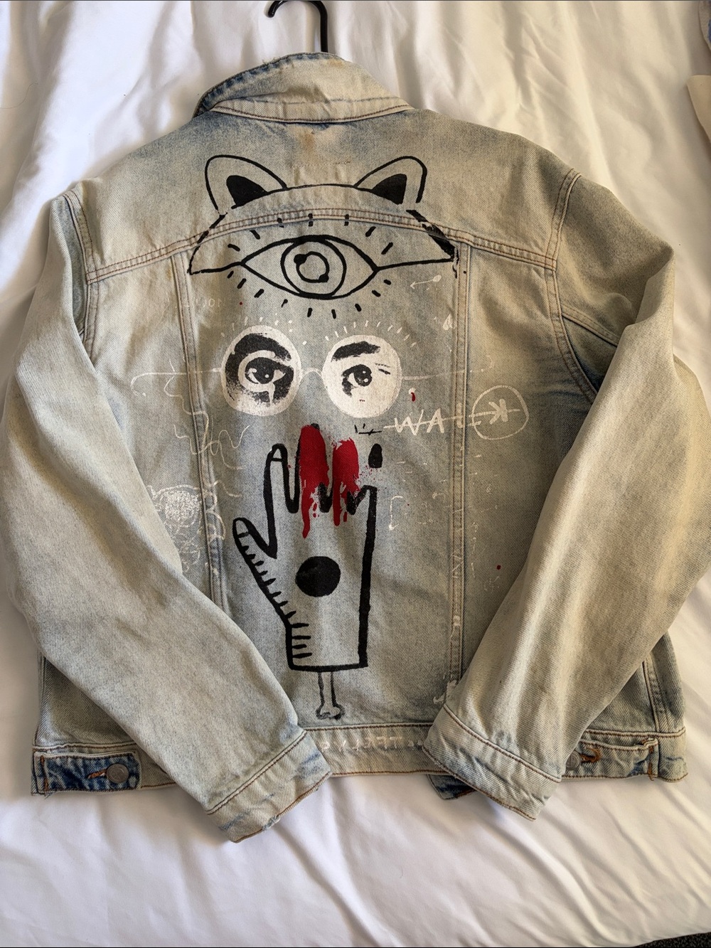 Zara Light Wash Denim Jacket with Hand-Painted Graphic and Red Accent
